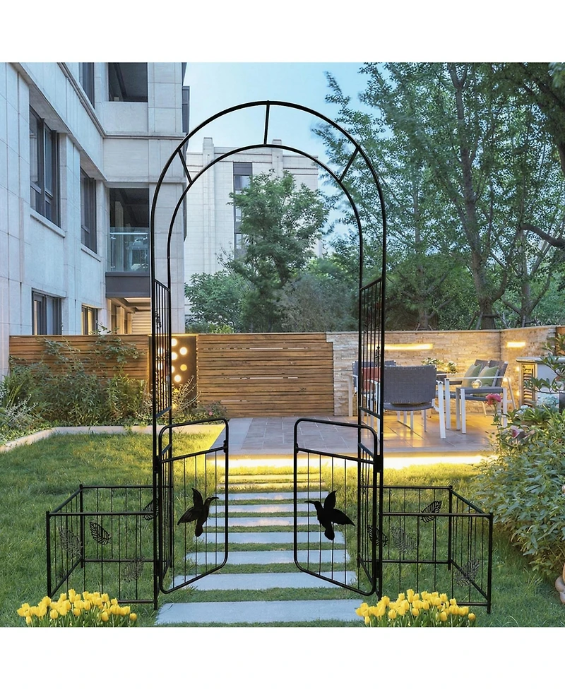 Clihome Metal Garden Arch with doors Garden Arbor Trellis Climbing Plants Support Arch Outdoor Arch