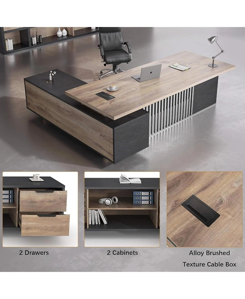 Logicfox Large Executive Desk with Drawers Cabinet Outlet Cable Management for Business Furniture Set Workstation