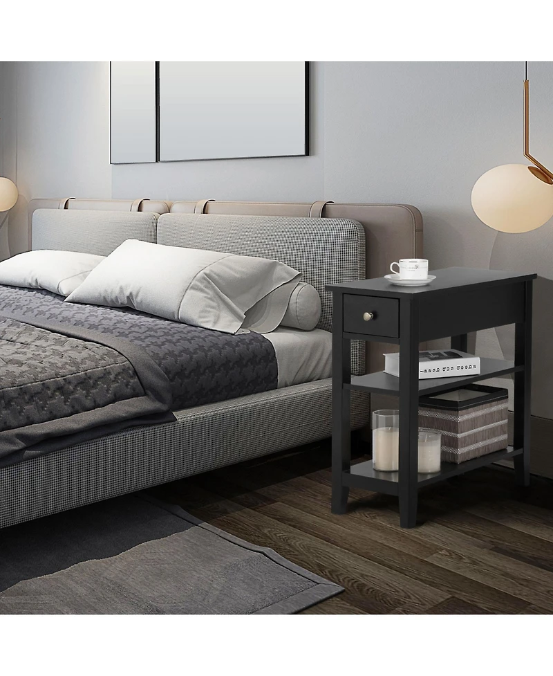 sumyeg 3-Tier Nightstand Bedside Table Sofa Side with Double Shelves Drawer