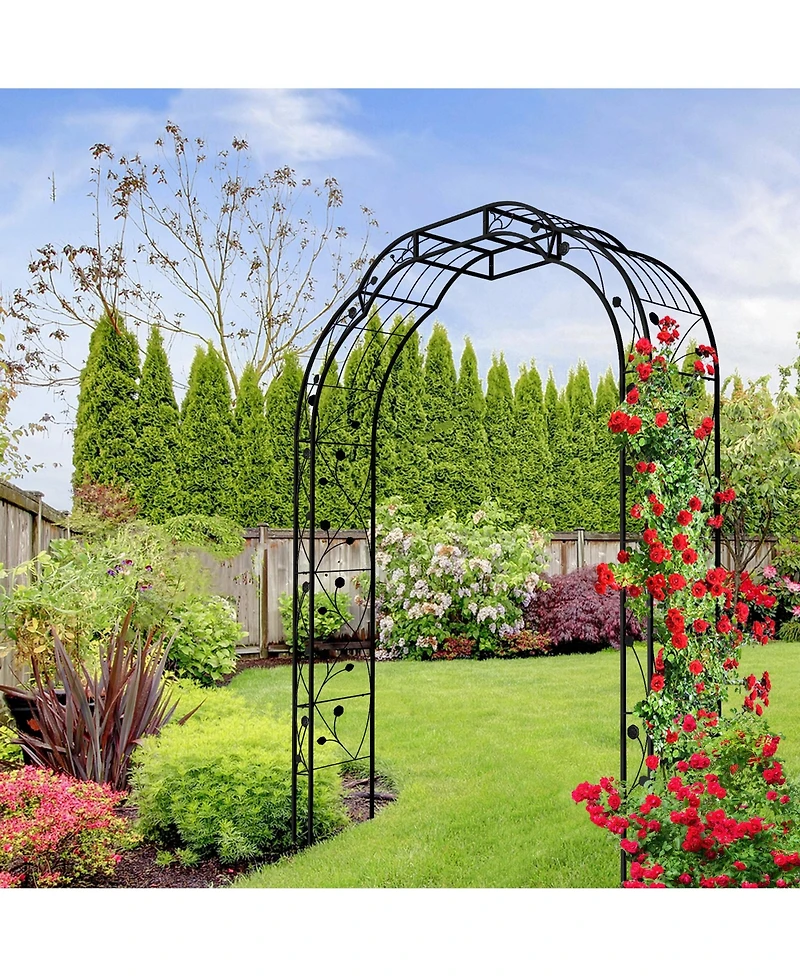 Clihome Metal Garden Arch with Gate 79.5" Wide x 86.6" High Climbing Plants Support Rose Arch Outdoor