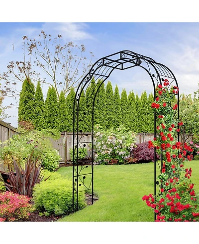 Clihome Metal Garden Arch with Gate 79.5" Wide x 86.6" High Climbing Plants Support Rose Arch Outdoor