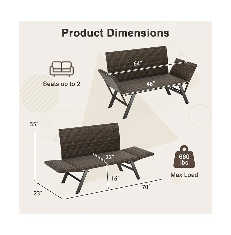 Boyel Living Patio Convertible Sofa for 2 Quick Dry Foam Padded Rattan with Armrests
