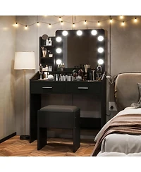 gaomon Modern Vanity Desk with Large Mirror, Adjustable Led Lights, Power Outlet, 2 Drawers & Cushioned Stool