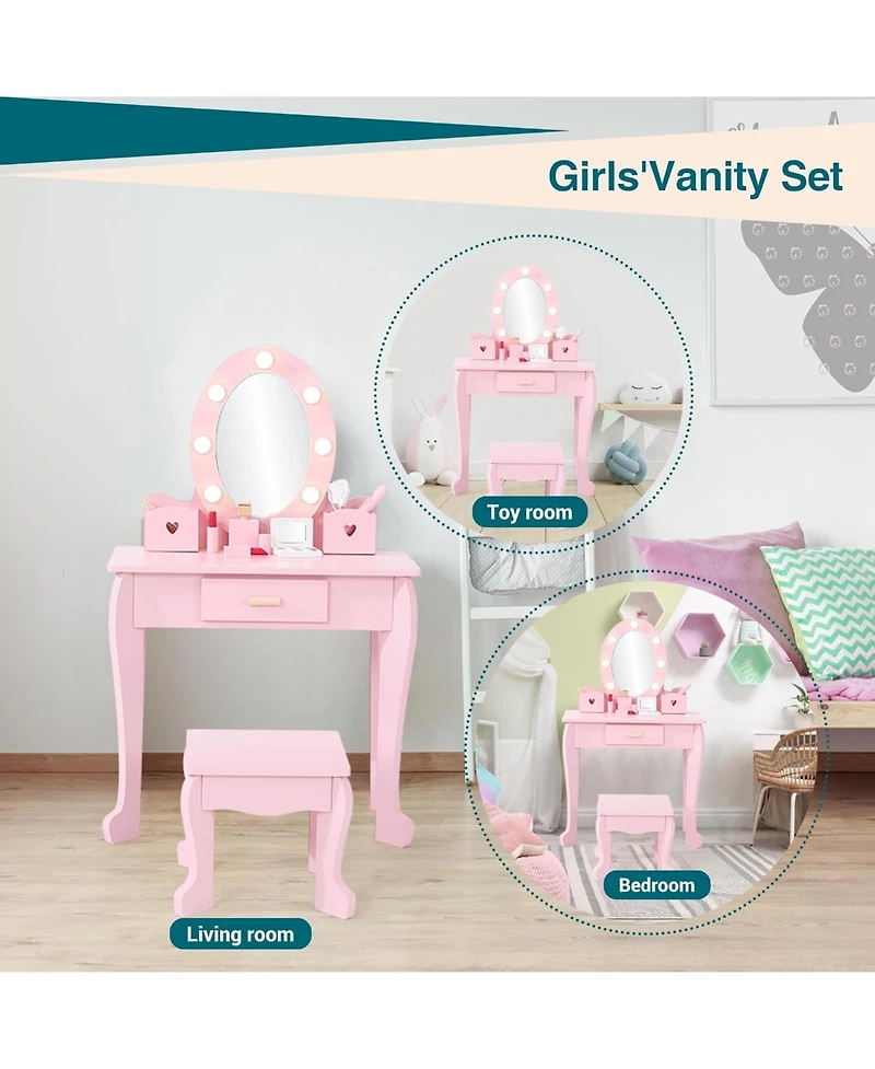 gaomon Wooden Kids Vanity Table with Lighted Mirror & Stool, Makeup Playset for Girls Ages 4-9,