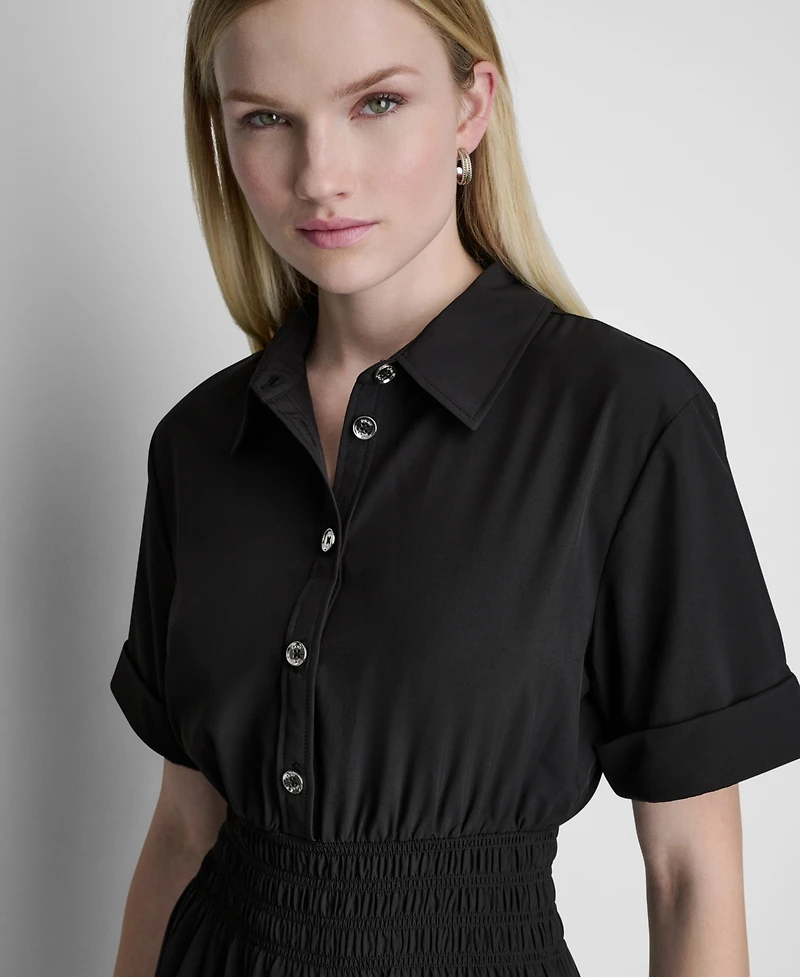 Dkny Women's Short-Sleeve Smocked Waist Tiered Shirt Dress