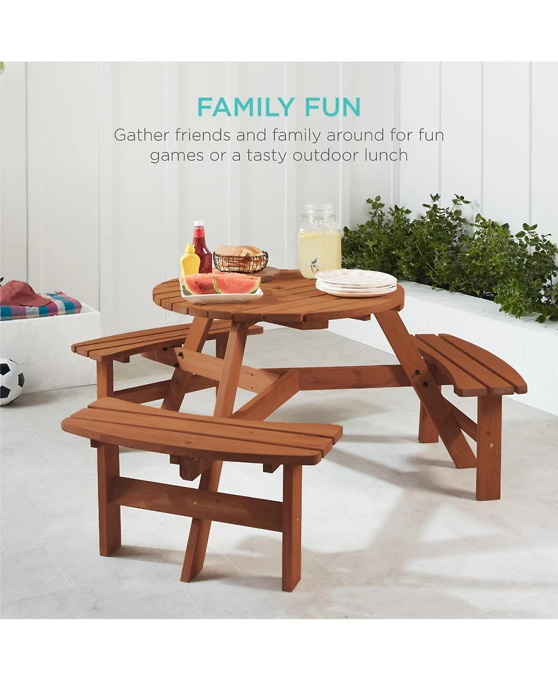Best Choice Products 6-Person Circular Outdoor Wooden Picnic Table w/ 3 Built-In Benches, Umbrella Hole