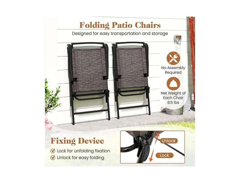 Boyel Living 3 Pieces Patio Round Table and Folding Chairs Set with Rippled Tempered Glass Tabletop
