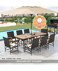 Clihome 79 Inch Outdoor Acacia Wood Dining Table and 8 Rattan-woven Dining Chairs with Umbrella Hole