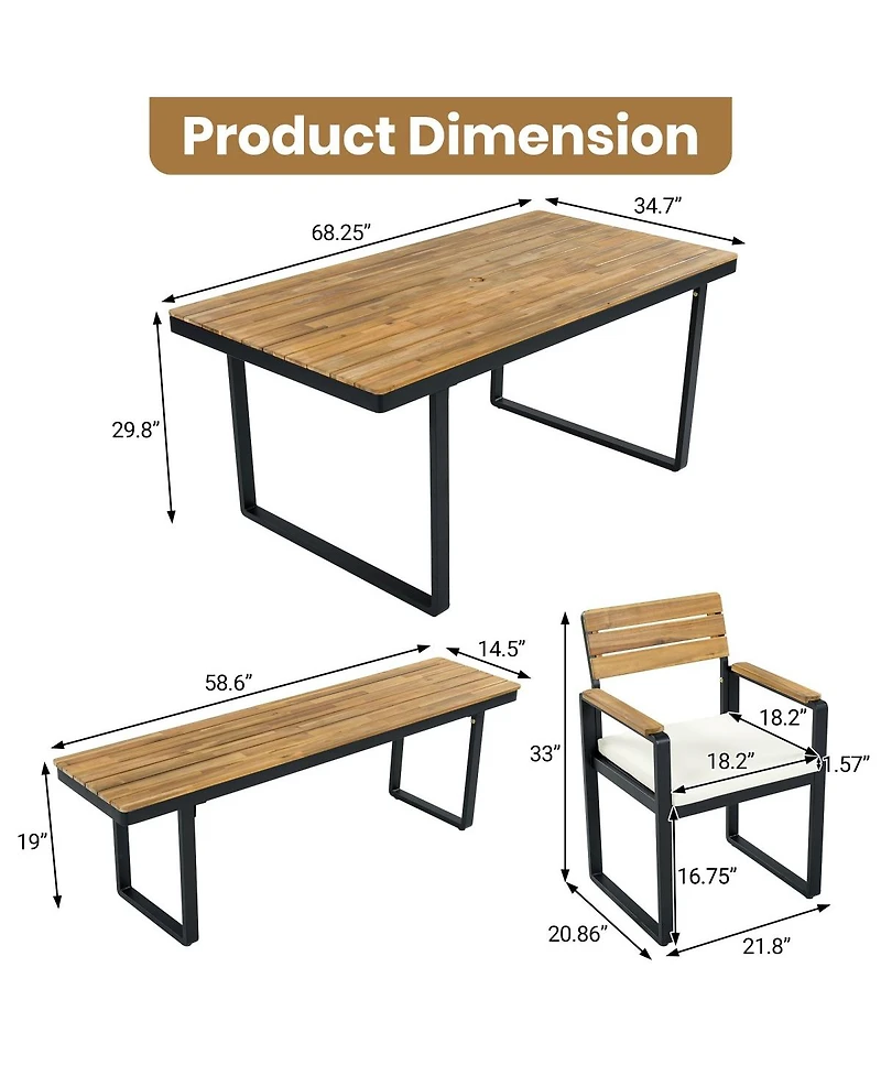 Asagikoiai 6-Piece Acacia Wood Outdoor Dining Set with Cushions and Bench, Patio Furniture for 6-Asagikoiai