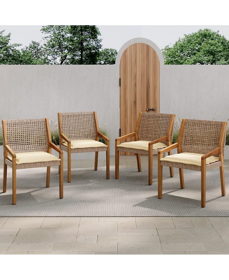 Asagikoiai 4-Piece Wicker Patio Dining Set with Acacia Wood Table and Weatherproof Cushions