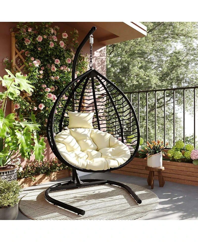 Asagikoiai Foldable Pe Rattan Hanging Egg Chair with Stand, Indoor and Outdoor Hammock