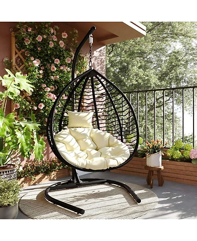 Asagikoiai Foldable Pe Rattan Hanging Egg Chair with Stand, Indoor and Outdoor Hammock