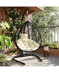 Asagikoiai Foldable Pe Rattan Hanging Egg Chair with Stand, Indoor and Outdoor Hammock