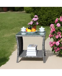 Clihome Outdoor Patio Coffee Table with Tempered Glass Top, Pe Wicker
