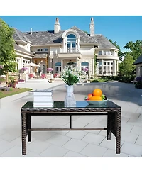 Clihome 30.75" Outdoor Patio Coffee Table Tempered Glass Top Rattan Table