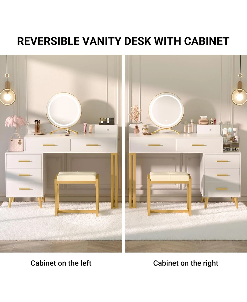 Aheaplus Vanity Desk with Mirror and Lights, Makeup Set 6 Drawers Stool