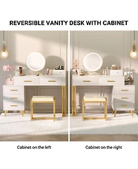 Aheaplus Vanity Desk with Mirror and Lights, Makeup Set 6 Drawers Stool