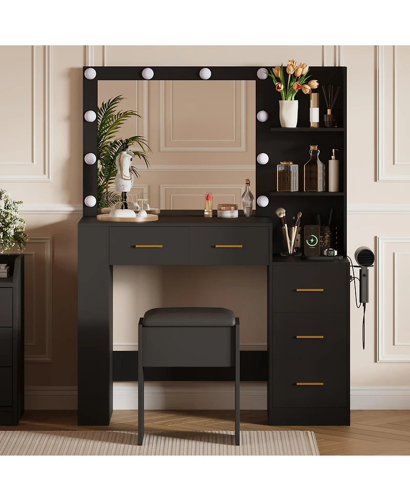 gaomon 41" Large Makeup Vanity Desk with 10-Bulb Mirror and Built-in Outlets - Dressing Table Featuring 3 Color Lighting Modes, 5 Drawers