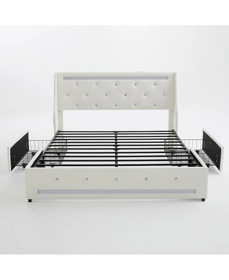 Streamdale Furniture Full Size Upholstered Wingback Bed Frame with Led, Storage and Charging Station