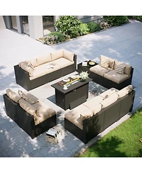 Aoxun 12-Piece Outdoor Wicker Patio Conversation Set with 44" Propane Fire Pit Table and Khaki Cushions