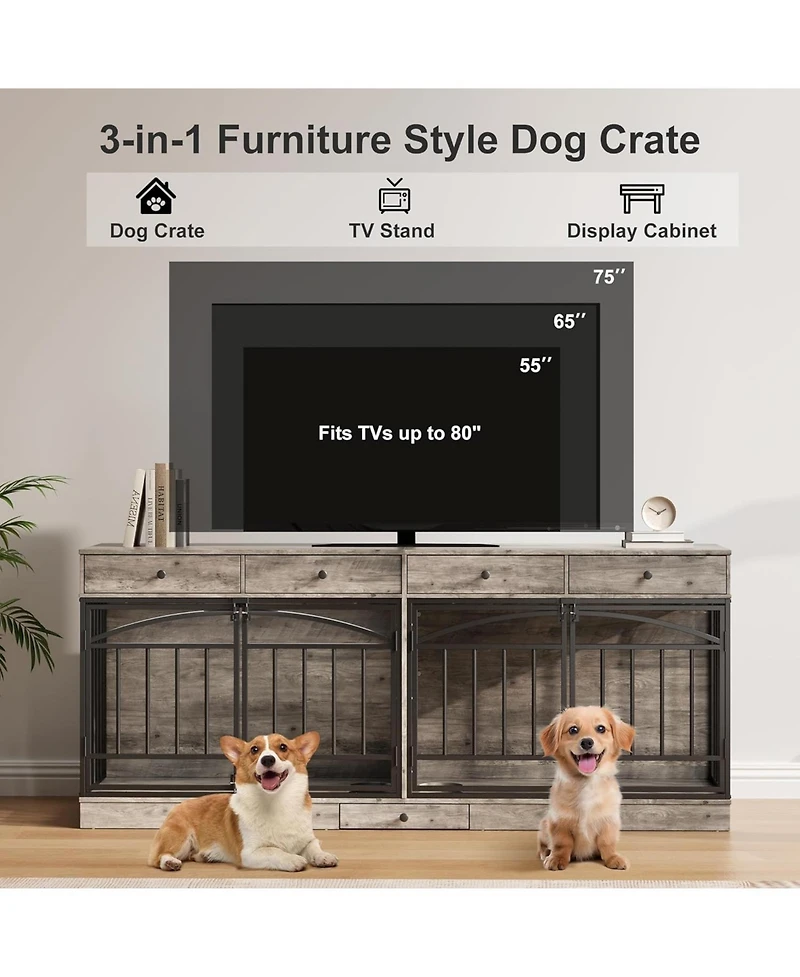 gaomon Dog Crate Furniture for 2 Dogs, Dog Kennel Indoor with 4 Storage Drawers and Feeding Bowls
