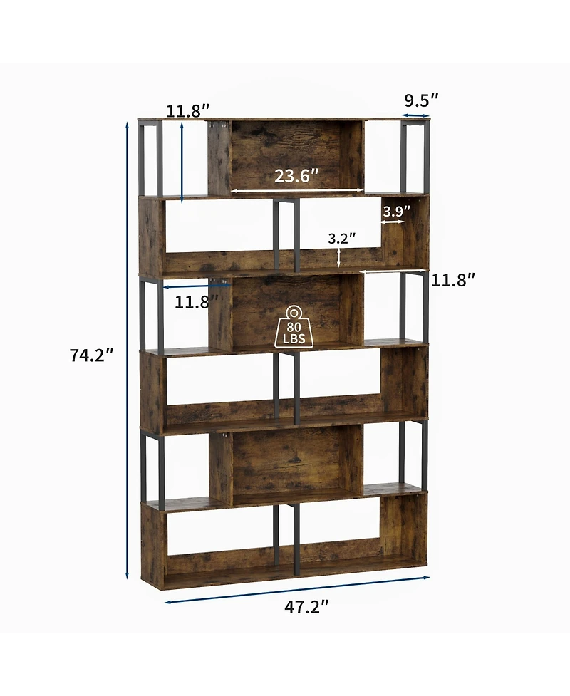 gaomon Modern 6-Tier Geometric Standing Bookshelf, Bookcase for Living Room Storage, Brown