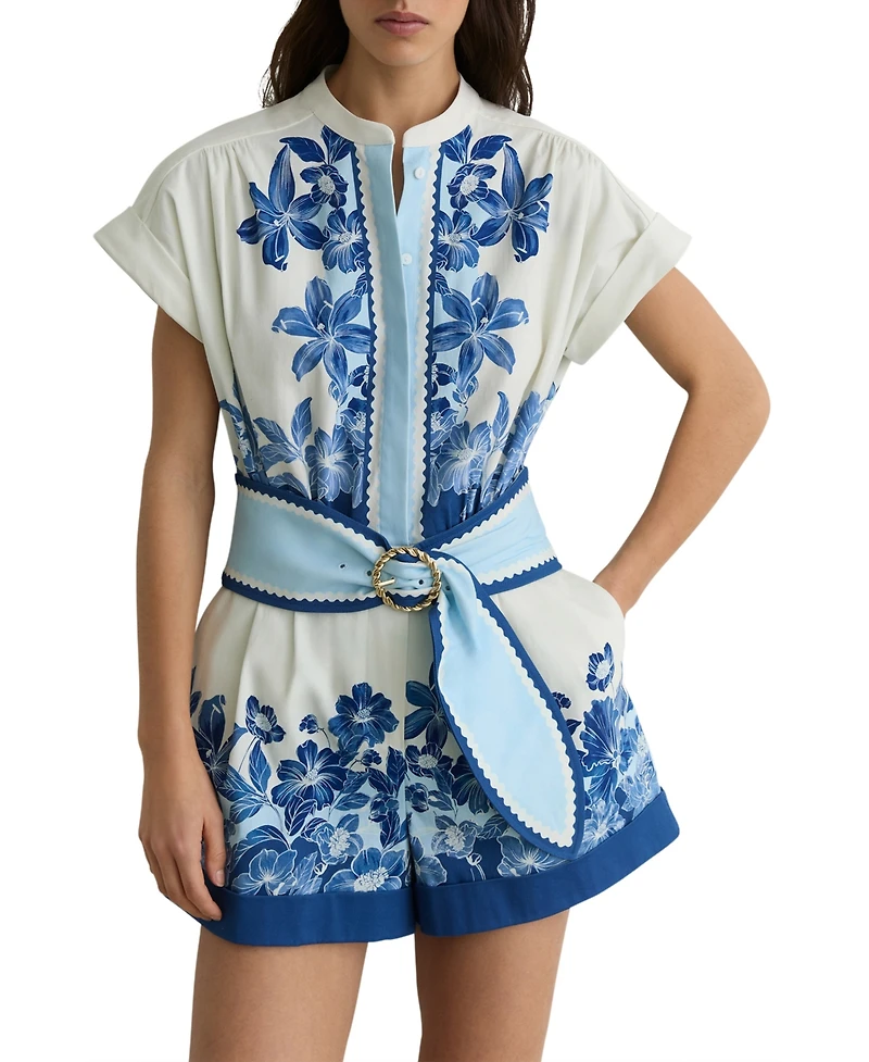 Reiss Women's Cotton Floral-Print Belted Playsuit with Stretch