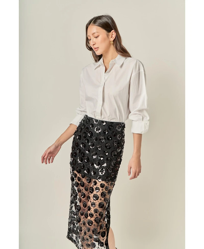 English Factory Women's Flower Sequin Sheer Midi Skirt