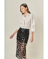 English Factory Women's Flower Sequin Sheer Midi Skirt