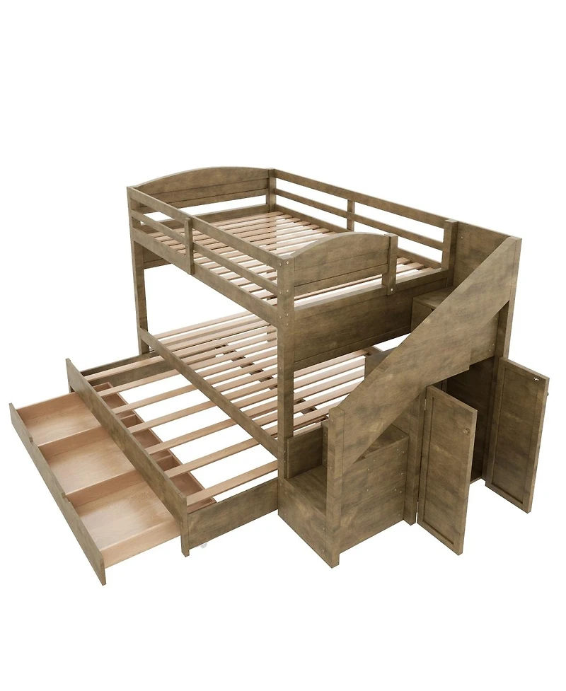 Streamdale Furniture Twin Xl Bunk Bed with Trundle, Storage Drawers, Staircase, and Wardrobe, Walnut