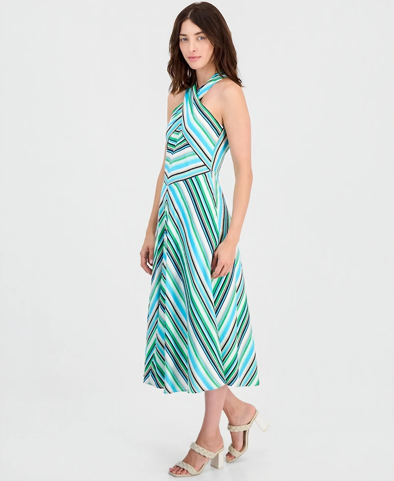 Tahari Asl Women's Striped Crisscross Halter Midi Dress