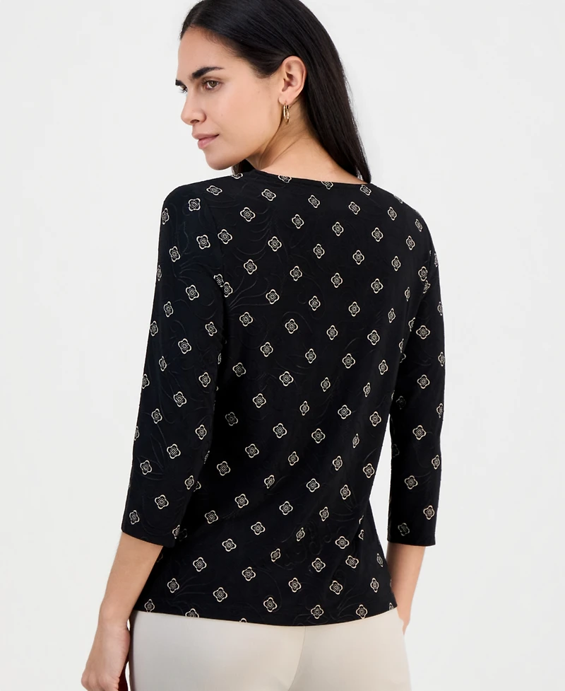 Jm Collection Petite Sofia Tile 3/4-Sleeve Jacquard Tee, Macy's Exclusive