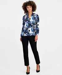 Kasper Petite Long-Sleeve V-Neck Pleated Shoulder Top