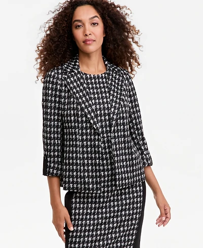 Kasper Petite Houndstooth 3/4-Sleeve Notch Collar Open Seamed Blazer