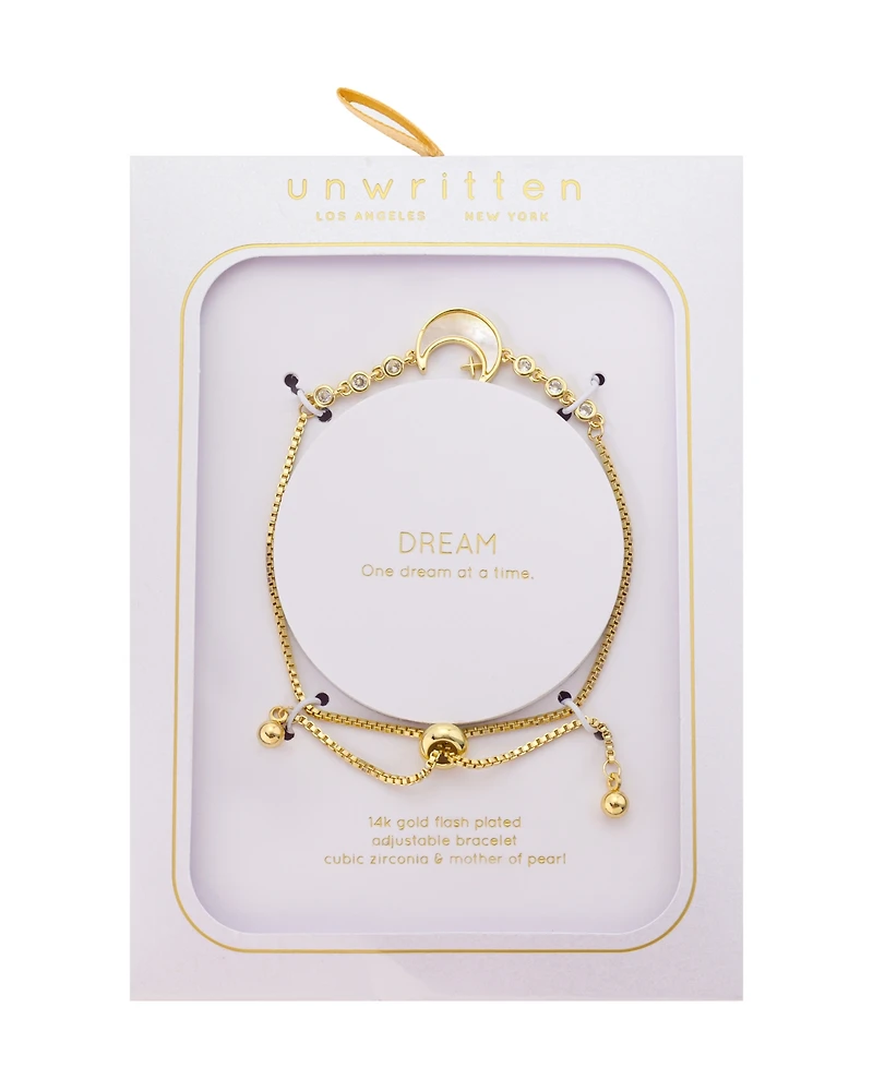 Unwritten Imitation Pearl and Cubic Zirconia Gold-Tone Plated Celestial Moon Adjustable Bolo Bracelet