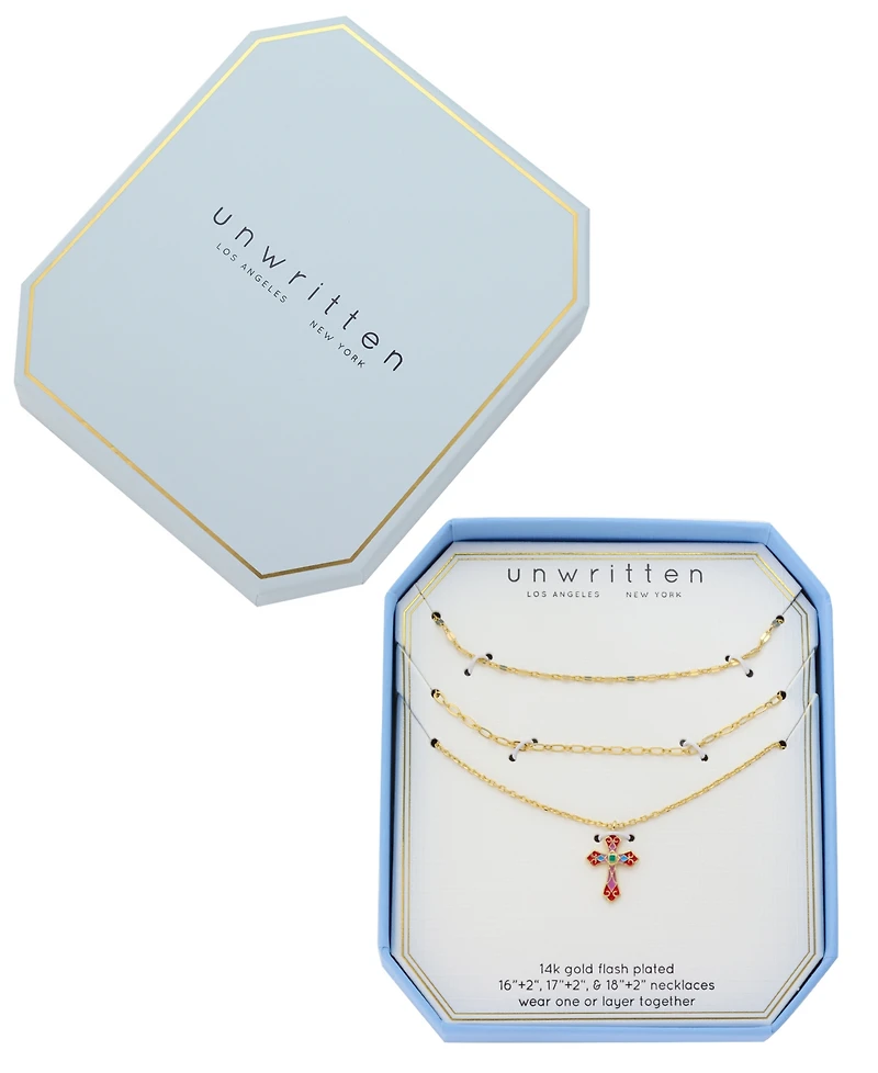 Unwritten Gold-Tone Plated Enamel Cross Pendant Trio Necklace Set