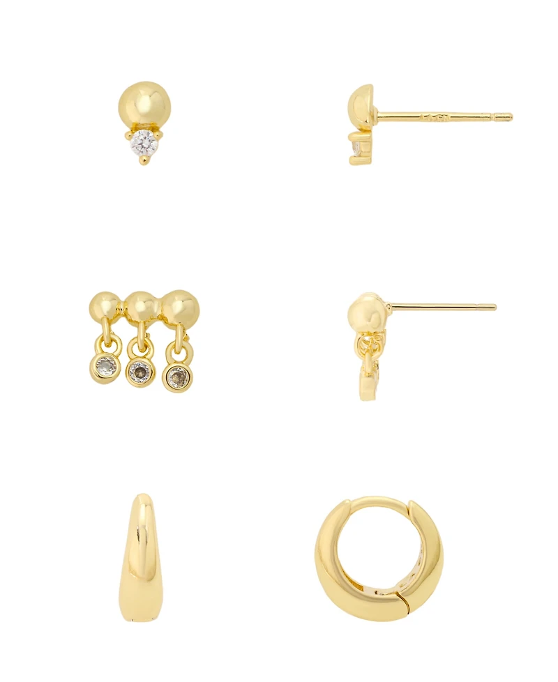 Unwritten Cubic Zirconia Gold-Tone Plated Stud and Hoop Earring Trio Set