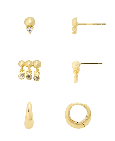 Unwritten Cubic Zirconia Gold-Tone Plated Stud and Hoop Earring Trio Set