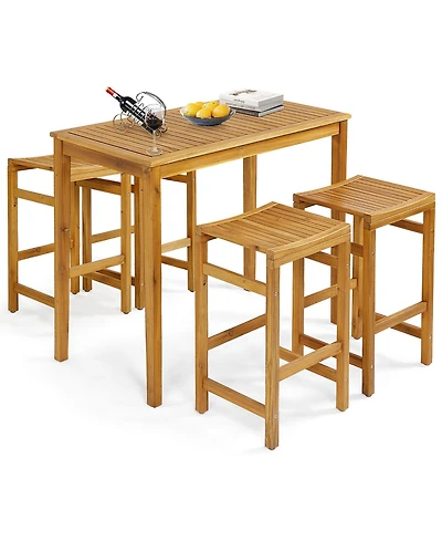 Gymax 5 Pieces Patio Acacia Wood Bar Set Outdoor Bar Height Table and Saddle Stool Chairs Set