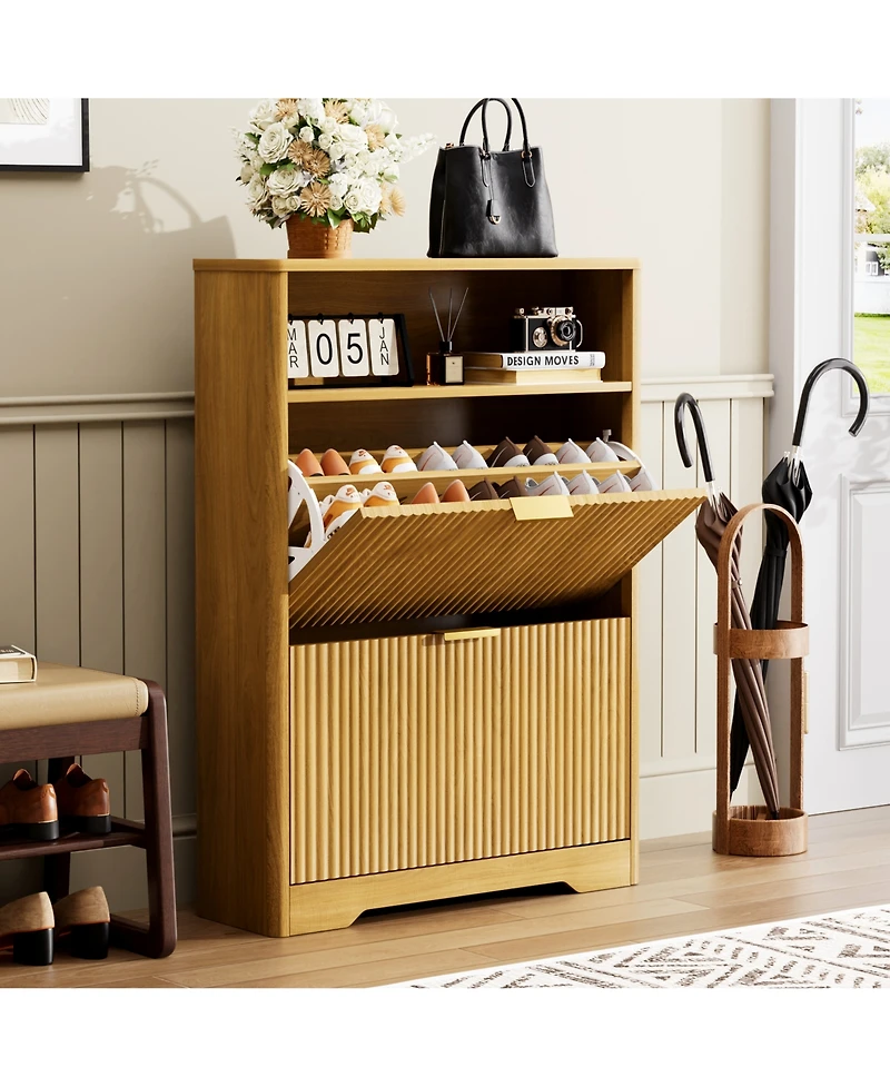 Rainsken Fluted Shoe Cabinet, Modern Wood Shoe Storage Organizer, Hidden Entryway Shoe Rack with 2 Flip Drawers and Open Shelf for Hallway