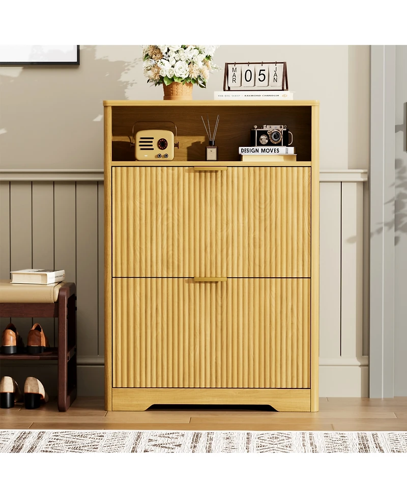 Rainsken Fluted Shoe Cabinet, Modern Wood Shoe Storage Organizer, Hidden Entryway Shoe Rack with 2 Flip Drawers and Open Shelf for Hallway