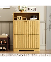 Rainsken Fluted Shoe Cabinet, Modern Wood Shoe Storage Organizer, Hidden Entryway Shoe Rack with 2 Flip Drawers and Open Shelf for Hallway