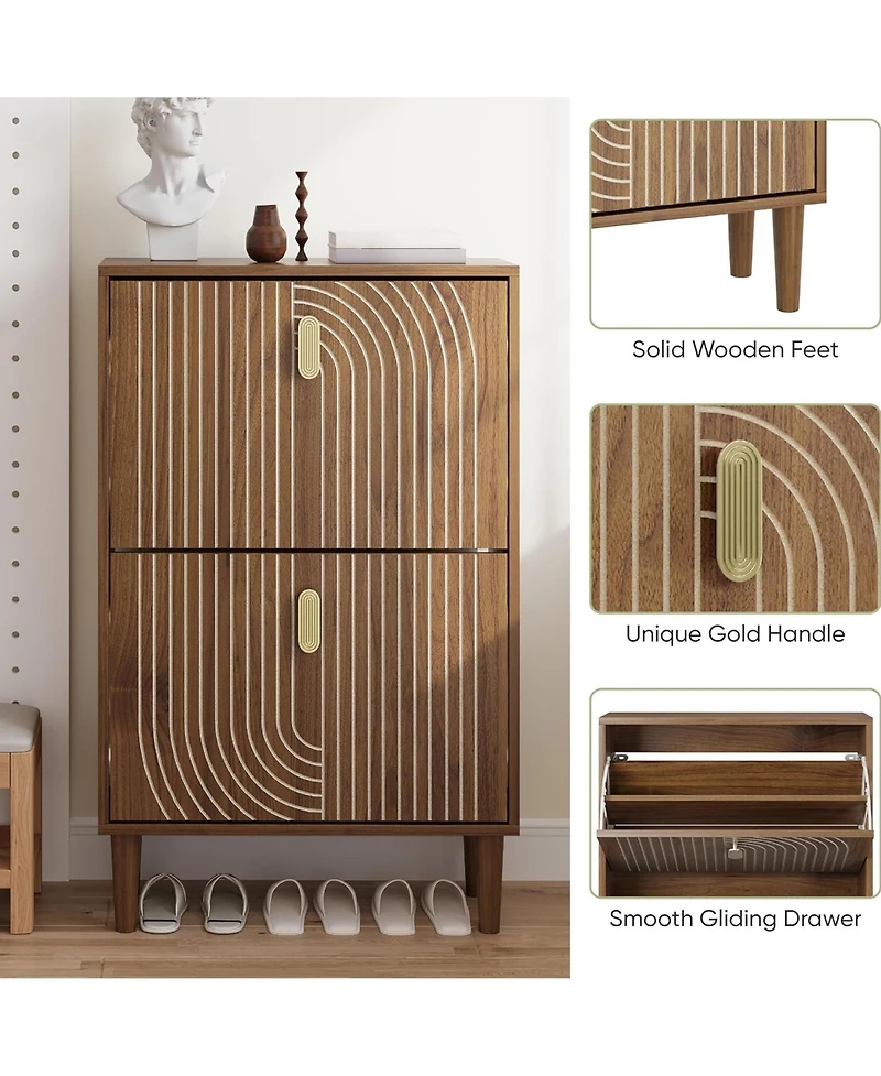 Rainsken Shoe Storage Cabinet, Walnut Hidden Shoe Rack with 2 Flip Drawers, Line Groove Design and Gold Handles for Entryway, Hallway and Living Room