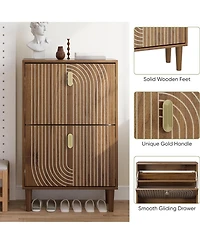 Rainsken Shoe Storage Cabinet, Walnut Hidden Shoe Rack with 2 Flip Drawers, Line Groove Design and Gold Handles for Entryway, Hallway and Living Room