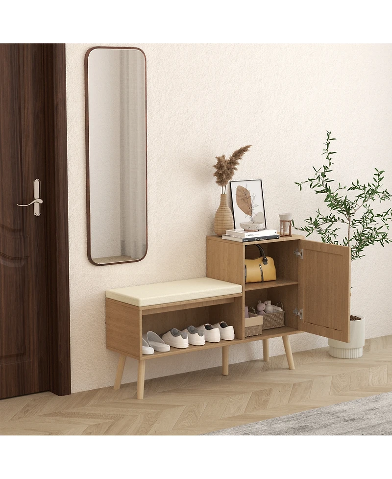 Rainsken 2-in-1 Shoe Storage Bench, Rattan Shoe Cabinet with Adjustable Shelves and Removable Seat Cushion, Hidden Shoe Rack Organizer for Entryway