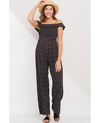 Hello Miz Maternity Smocked Wide Leg Off the Shoulder Jumpsuit with Pockets