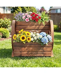Sugift 2-Tier Raised Garden Bed Rustic Wood Wagon Shape with Drainage Holes and Wheels-Coffee
