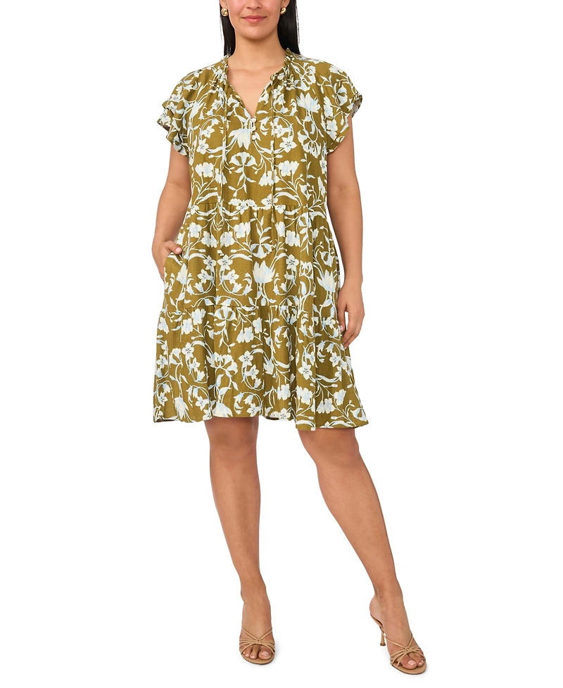 Msk Plus Split Tie Neck Short-Sleeve A-Line Dress