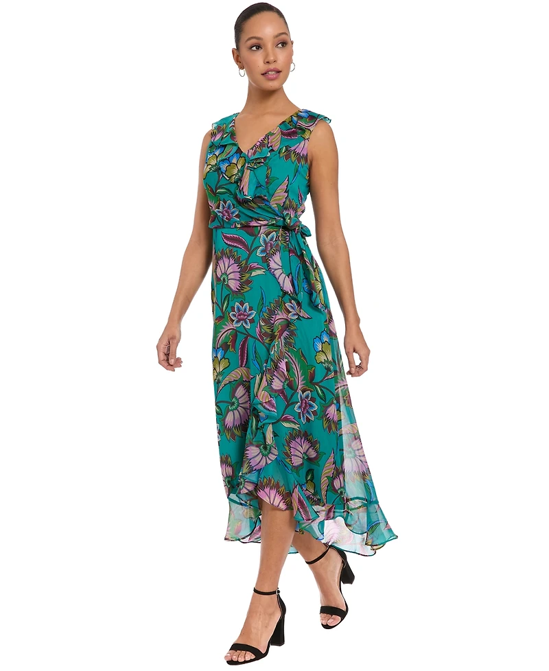 London Times Petite Ruffle Trim Surplice Neck High-Low Dress