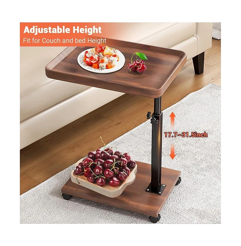 gaomon C-Shaped Adjustable Height End Table, 360degree(s) Swivel Tv Tray with Wheels, Wood and Metal Sofa Table for Living Room